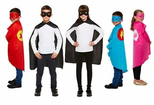 Kids Superhero Cape & Mask Plain Dressing Up Costume Book Day Roald Fancy Dress - Picture 1 of 37