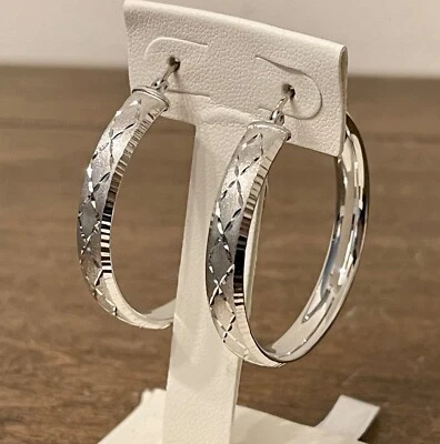 .925 Sterling Silver 4cm Diamond Cut Hollow Hoop Earrings - Image 1 of 4