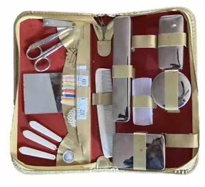 Vintage Large Travel Grooming Sewing Set Gold Leather West Germany - Picture 1 of 10