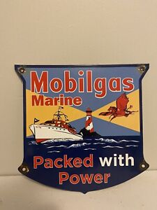 VINTAGE PORCELAIN MOBILGAS MARINE PACKED WITH POWER GAS AND OIL SIGN