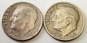 LOT OF 2 RARE 1965 Roosevelt Dime No Mint Mark 1967 Roosevelt Dime No Mint Mark - Bild 1 von 11