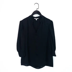 H&M Black V-Neck 3/4 Sleeve Satin Dipped Hem Tunic Style Blouse Top - Size XS - Picture 1 of 17