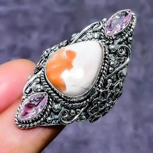Orange Scolecite, Kunzite Gemstone 925 Sterling Silver Ring Size 8.5 f623 - Picture 1 of 3