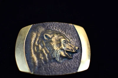 Oso marrón de bronce macizo años 70 vintage hebilla de cinturón artista de vida silvestre Steve L. Knight Foto 1 de 3
