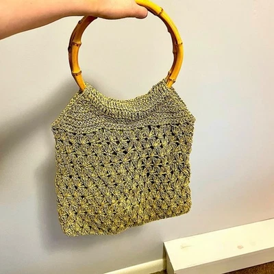 Bolso tejido boho verde musgo vintage, mango bambú Foto 1 de 4