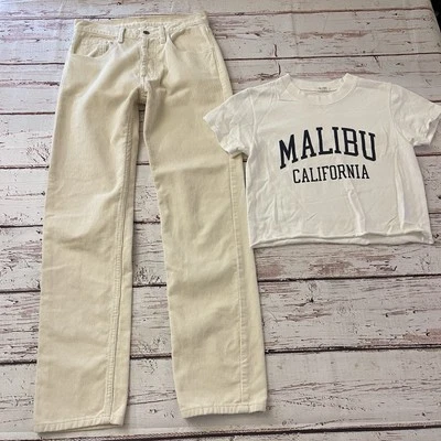 Calça e top cropped feminino J Galt Brandy Melville pequeno botão creme veludo mosca - Imagem 1 de 4
