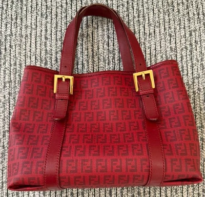 Fendi Zucchino FF Monogram Tote Handbag Red with Gold Hardware - Image 1 of 4