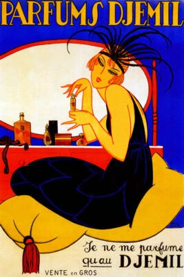 PERFUME CHICA PERFUMES DJEMIL HERMOSA DAMA FRANCIA FRANCÉS VINTAGE PÓSTER REPRO Foto 1 de 3