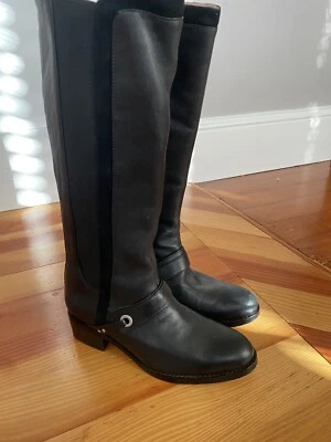 Taryn Rose Womens 6 M Shani Black Leather Tall Riding Harness Boots Stretch Knee - Image 1 of 4