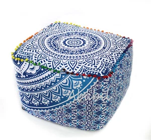 18" Indian Cotton Square Pouf Cover Blue Ombre Mandala Ottoman Foot Stool Covers - Picture 1 of 3