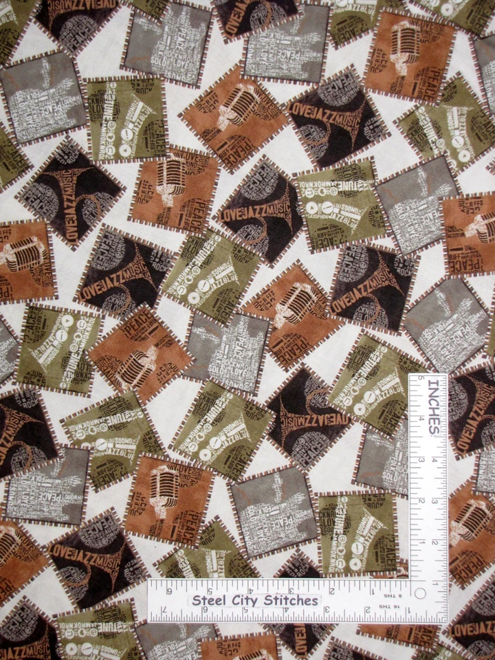 Music Instrument Microphone Toss Pics Cream Cotton Fabric Windham Type Band Yard - Image 1 of 1