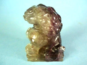 Chinese Foo Dog Carved Figurine, Natural Purple Fluorite, Very Detailed, 2.5" - Picture 1 of 7