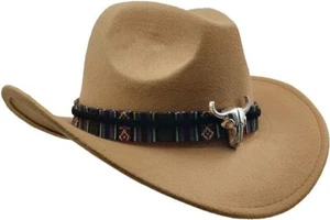 Beige Western Cowboy, Cowgirl Hat, Multicolor Bull Strap, Men Women, One Size - Picture 1 of 8