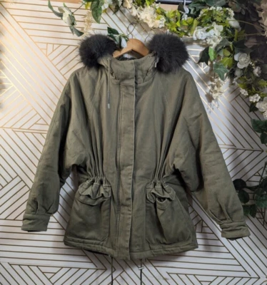 MAJE Women's Green Coat Fur Lined Hooded Lace Up Back Parka Jacket Size 36 - Image 1 of 4