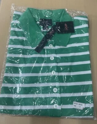NUEVO CON ETIQUETAS Mujer Manga 3/4 Cuello Camiseta Polo Verde Blanco Rayas Algodón Talla S Foto 1 de 3