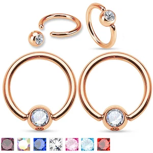 Pair Rose Gold IP CZ Surgical Steel Helix Lip Septum Piercing Captive Ring 16g - Picture 1 of 9