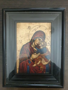 VIRGIN MARY BABY JESUS GREEK RELIGIOUS HANDMADE ICON IN WOODEN FRAME. SIGNED. - Picture 1 of 6