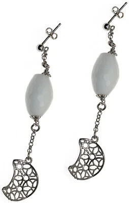 orecchini argento 925 donna ciondoli pietre agata bianca naturale luna filigrana - Immagine 1 di 2