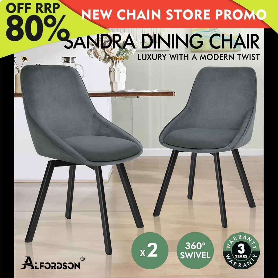 ALFORDSON 2x Dining Chairs Accent Kitchen Swivel Lounge Padded Seat Velvet Grey