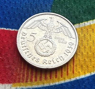 Germany 1939 G 5 Mark German WW2 Silver Coin Third Reich  Reichsmark AU - Image 1 of 2
