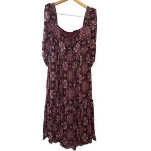 Cara Cara Burgundy Floral Print Tiered Midi Dress With Ruched Sleeves Size Large - Picture 1 of 9