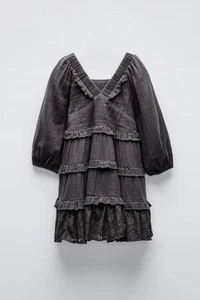 ZARA Girls Lace Panel Dress Gray Size 11–12 Years (152 cm) Long Sleeve V-Neck - Picture 1 of 6