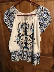 ALLYSON WHITMORE BOHO HIPPIE TOP, SIZE PL blues white very EUC - Picture 1 of 3