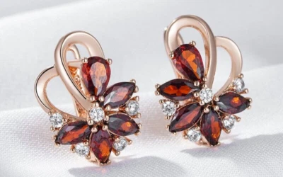 Elegantes Pendientes Colgantes Oro Rosa 585 RG Oro Rosa con Flor Rubí Rojo Natural Foto 1 de 3