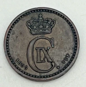 1899 VBP Denmark 1 Ore Bronze KM#792.1 Christian IX AU Porpoise & Barley Ear - Picture 1 of 2