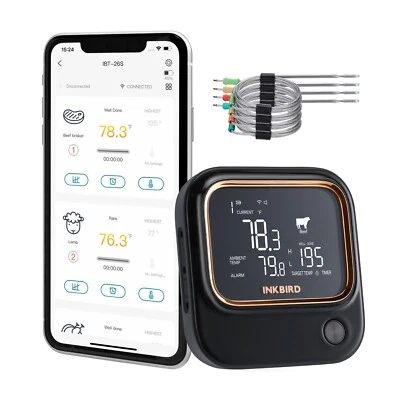 INKBIRD Bluetooth WiFi BBQ Thermometer IBT-26S Probes APP Control Alarm Timer CF - Image 1 of 4