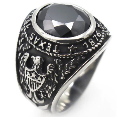 TEXAS 1876 UNIVERSITY RING STAINLESS STEEL BLACK AGATE EAGLE BIKER GOTHIC RING - Image 1 of 4
