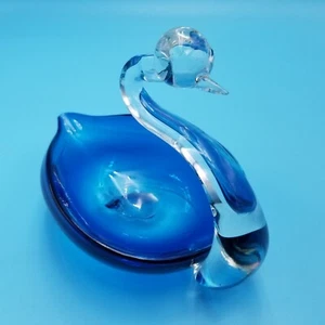 Vintage MCM Hand Blown Blue Glass Swan Candy Soap Trinket Dish 7"L x5"Tx4 3/8"W - Picture 1 of 11