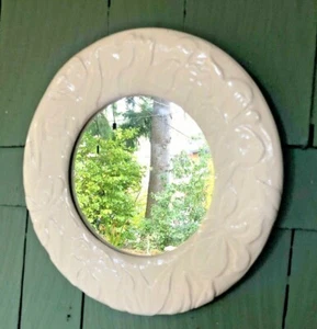 Vtg Studio Art Pottery Mirror Round Frame 10” Carved Floral IRIS Flowers Signed - Picture 1 of 11