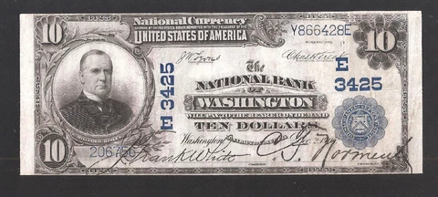 GORGEOUS RARE  NATIONAL BANK  OF WAHINGTON D.C. 1902 $10, CHARTER# 3425 Cover