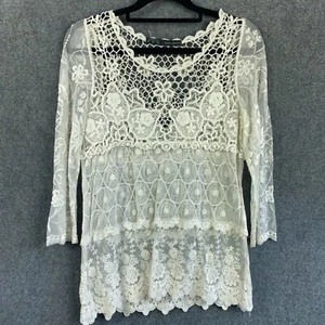 Top de encaje Zara para mujer talla mediana blanco transparente bordado encaje manga 3/4 boho - Imagen 1 de 11