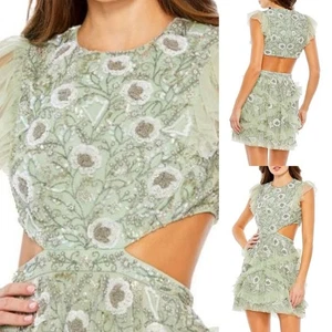 Mini Vestido Mac Duggal Sage 35101 Adornado Joya Cuello Tul Volantes Corte Lateral - Imagen 1 de 12