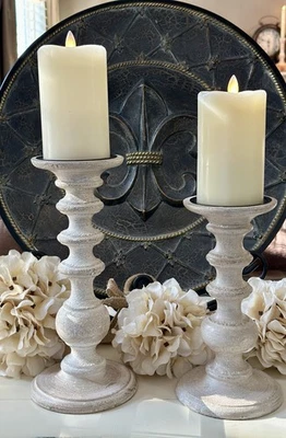 Pair of White Washed Traditional Farmhouse/Rustic Pillar Wood Candle Holders - Image 1 of 4