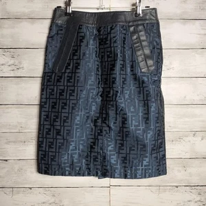 FENDI Zucca Print Leather Nylon Knee-Length Skirt Size M Black Navy Authentic - Picture 1 of 6
