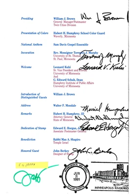 Signed USPS FDC Ceremony Program #2189 Hubert H. Humphrey Civil Rights  VP 1991 - Image 1 of 4