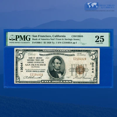1929 $5 Bank Of America SAN FRANCISCO, CA, Charter #13044, PMG VF 25 - Image 1 of 3