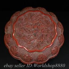 14.2" Marked Old Chinese Red Lacquerware Wood Dynasty Dragon Round Box Statue