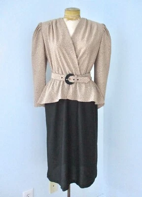 Vtg 80s Beige Black Dots New Wave Peplum Secretary Dress Huge Shoulders Belt 10P - Image 1 of 4