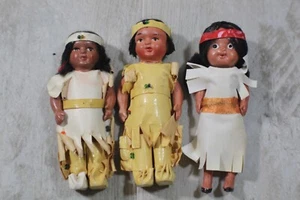 3 Vintage Dolls Native American Bisque Boy Girl Squaw Brave 3 1/2" Jointed Arms - Picture 1 of 6