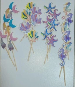 NEW 24 MERMAID TAILS SEA OCEAN CAKE CUPCAKE TOPPER PICK SHELLS SEAHORSE STARFISH - Picture 1 of 1