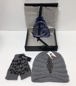 Lisa Baker Boutique Gift Set Gray Beaded Turban Knit Winter Hat Necklace Mittens - Picture 1 of 12