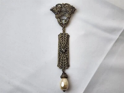 Heidi Daus Art Deco Gold Tone Crystal & Baroque Pearl Brooch  - Image 1 of 4
