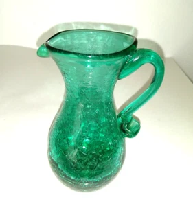 "Jarra de vidrio verde craquelado soplado a mano mango aplicado 5,25"" vintage" - Imagen 1 de 10