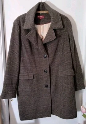 Abrigo largo de invierno Merona para mujer marrón a cuadros 50 % lana parches en las mangas talla 1 Foto 1 de 4