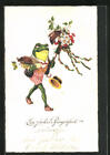 verliebter Frosch mit Blumenstrauß, Geschenkbox und Maikäfern, Ansichtskarte 