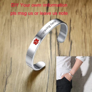 Men Medical Alert ID Name Bracelet Cuff First Aid Custom Personalized Engraving - Picture 1 of 30